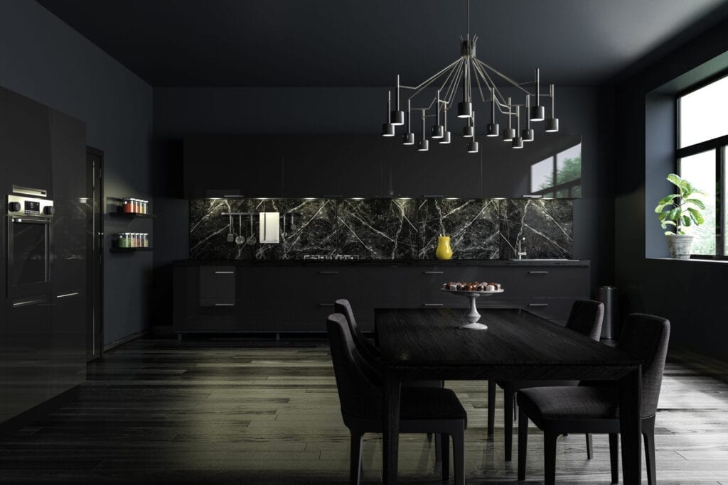 3D render image of a black luxury kitchen interior