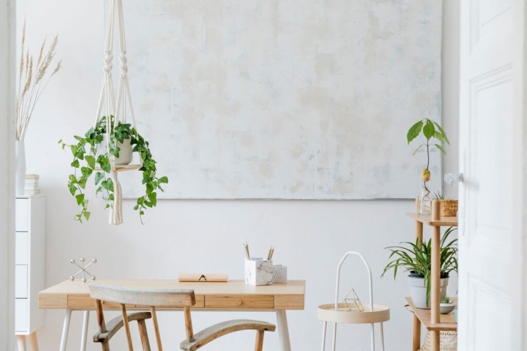 Small wooden desk with house plants on shelves and hanging from ceiling