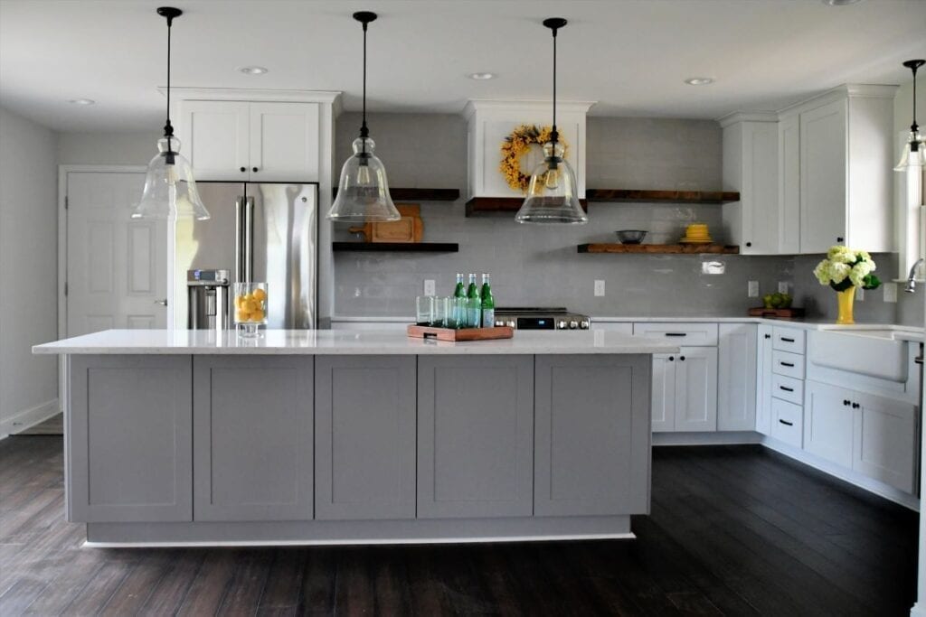 Kitchen with island and open shelving