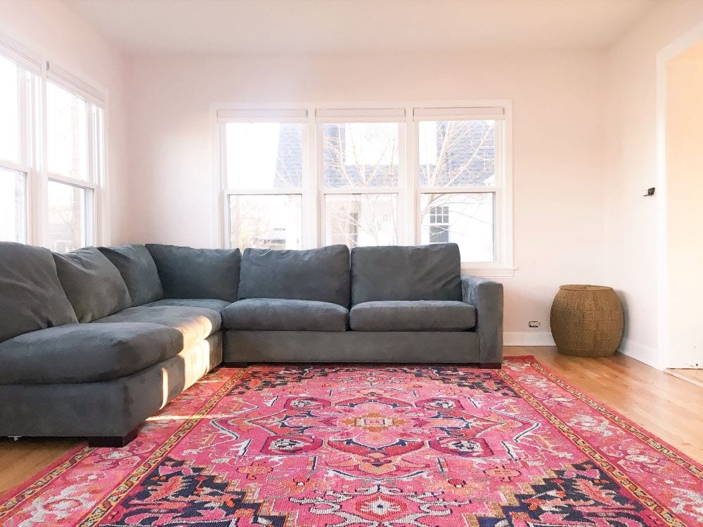 Living room with decorative, patterned area rug