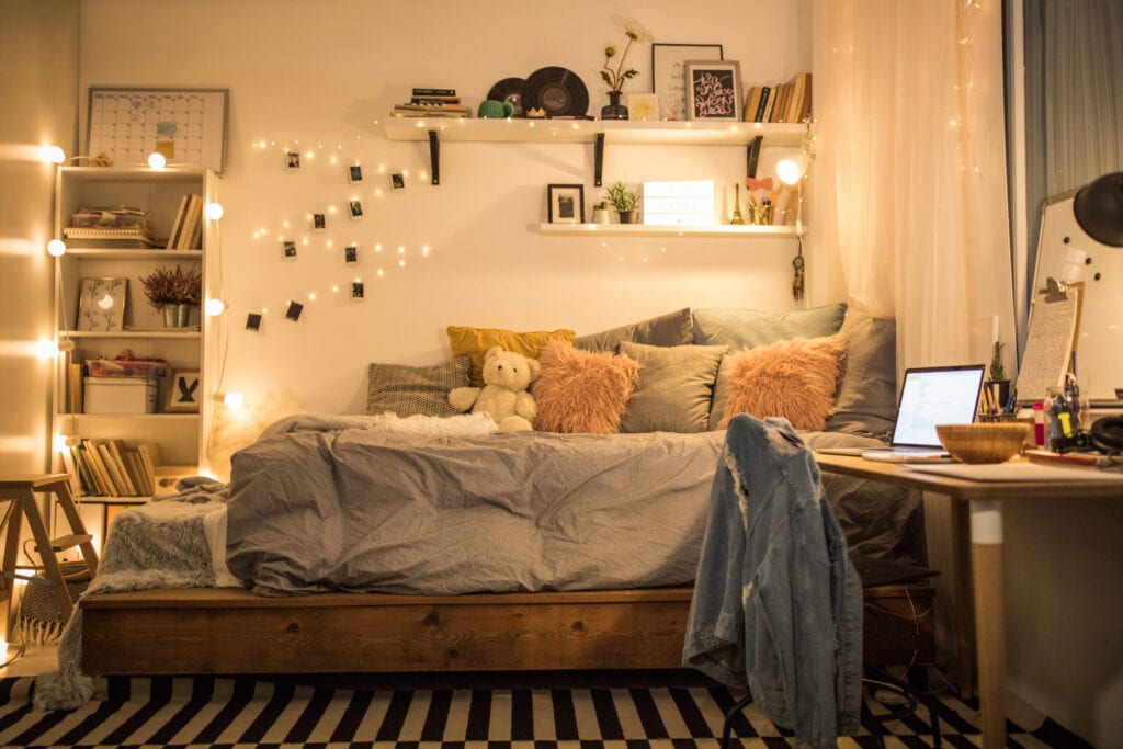 bedroom with fairy lights