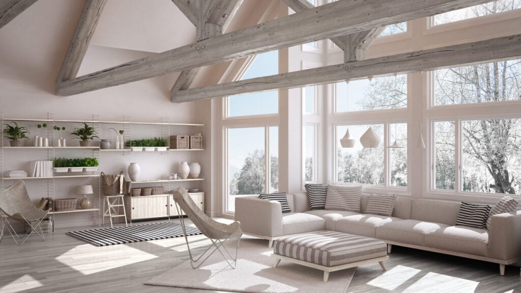 Living room of luxury eco house, parquet floor and wooden roof trusses, panoramic window on winter meadow, modern white interior design