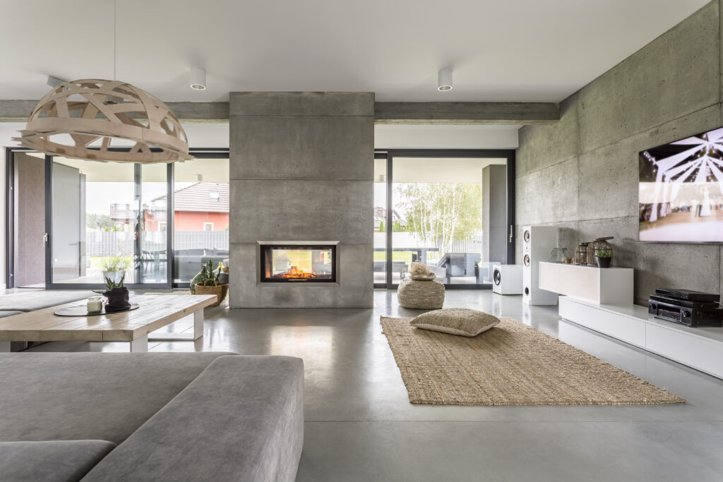 Beautiful home interior, fireplace and gray floors