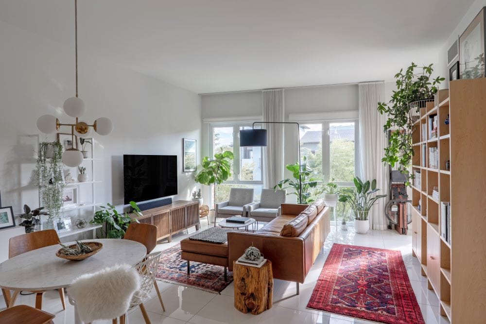 Apartment living room, soundproofed with curtains, bookshelf, and rugs