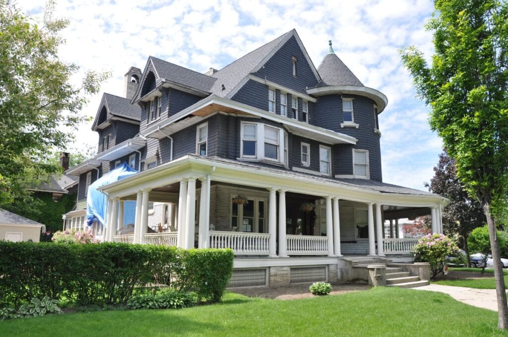 Exterior of blue-gray Victorian house