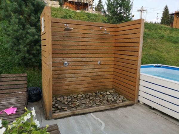 DIY outdoor shower made from wood panels