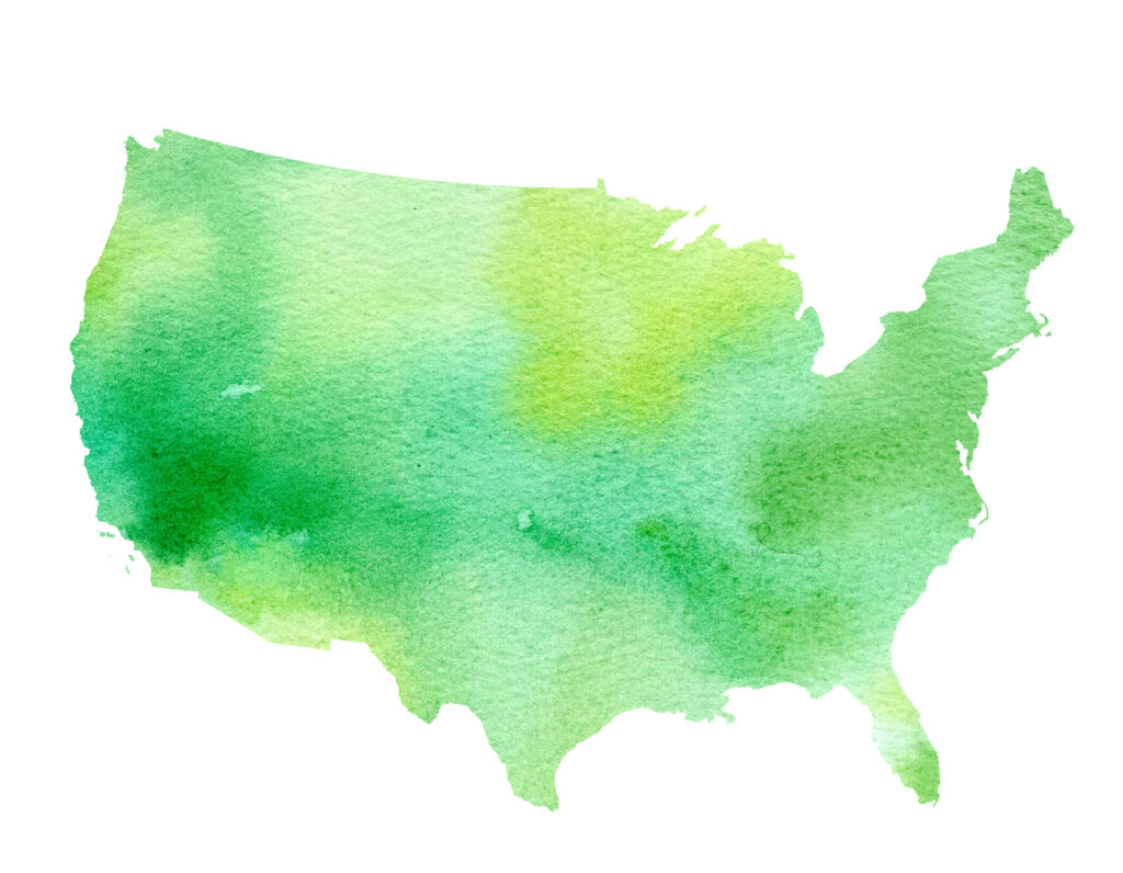 Drawing of the United States of America in green on clear background