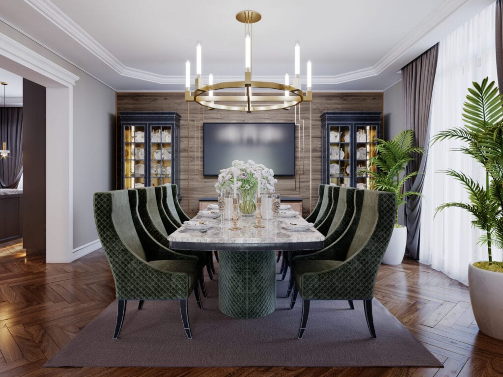 Luxurious trendy dining room interior in art deco style, beige interior with green furniture. Rectangular table with six chairs. 3D rendering.
