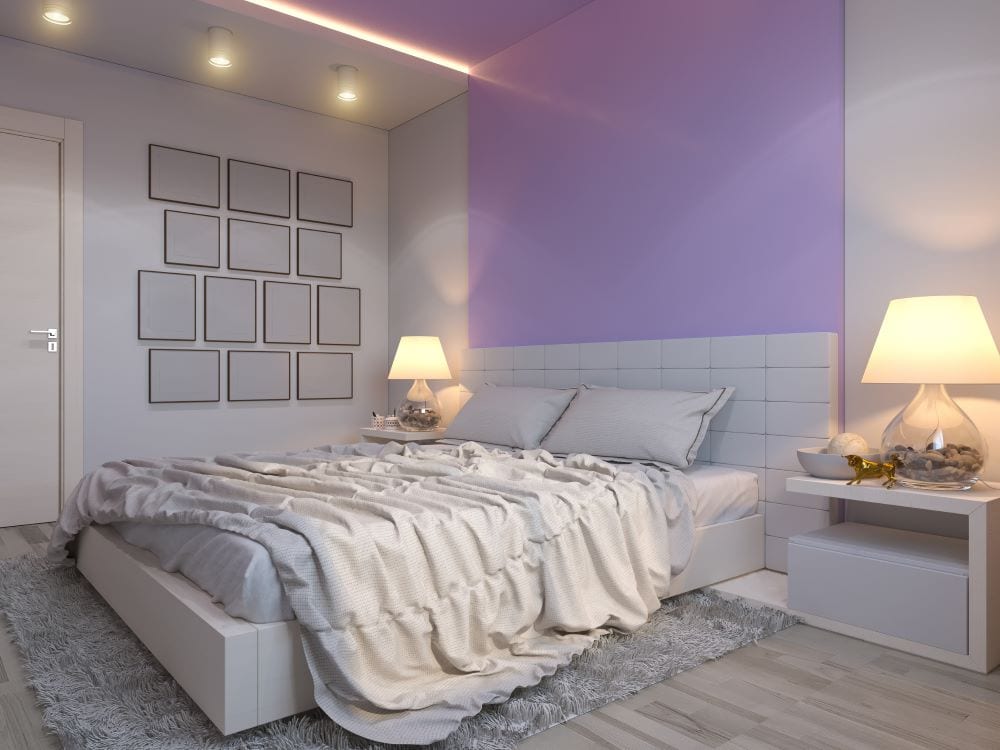 Gray and purple bedroom with lilac accent wall