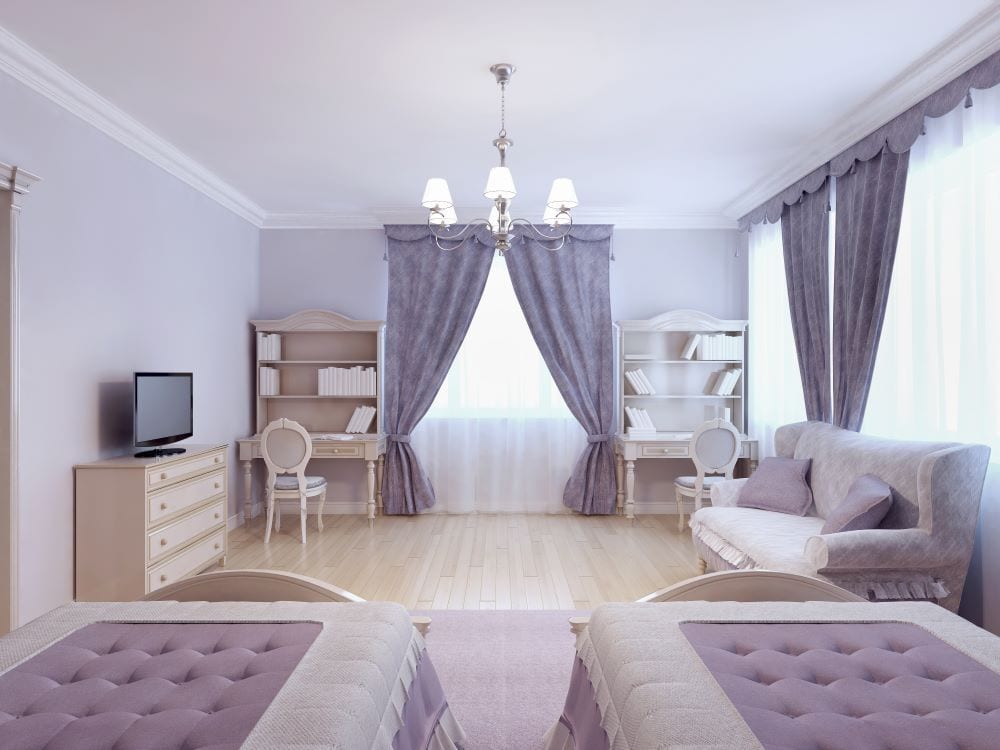 Luxury kids room with two twin beds and lilac decor