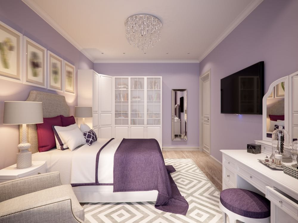 Interior design, bedroom with lilac and purple colors