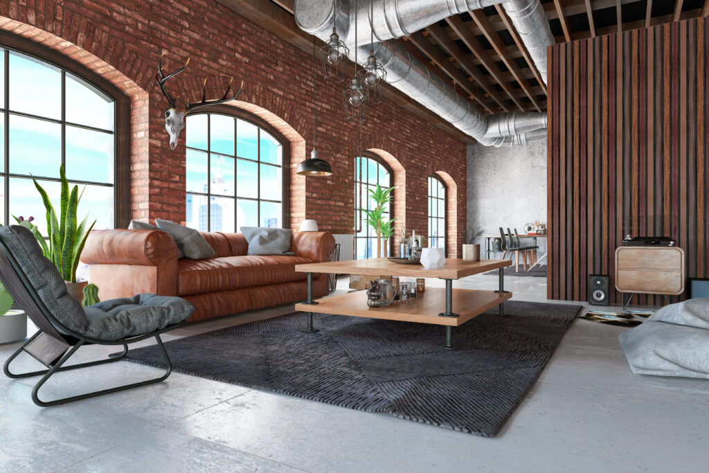 Loft Interior with Leather Sofa and Furnitures. 3D Render