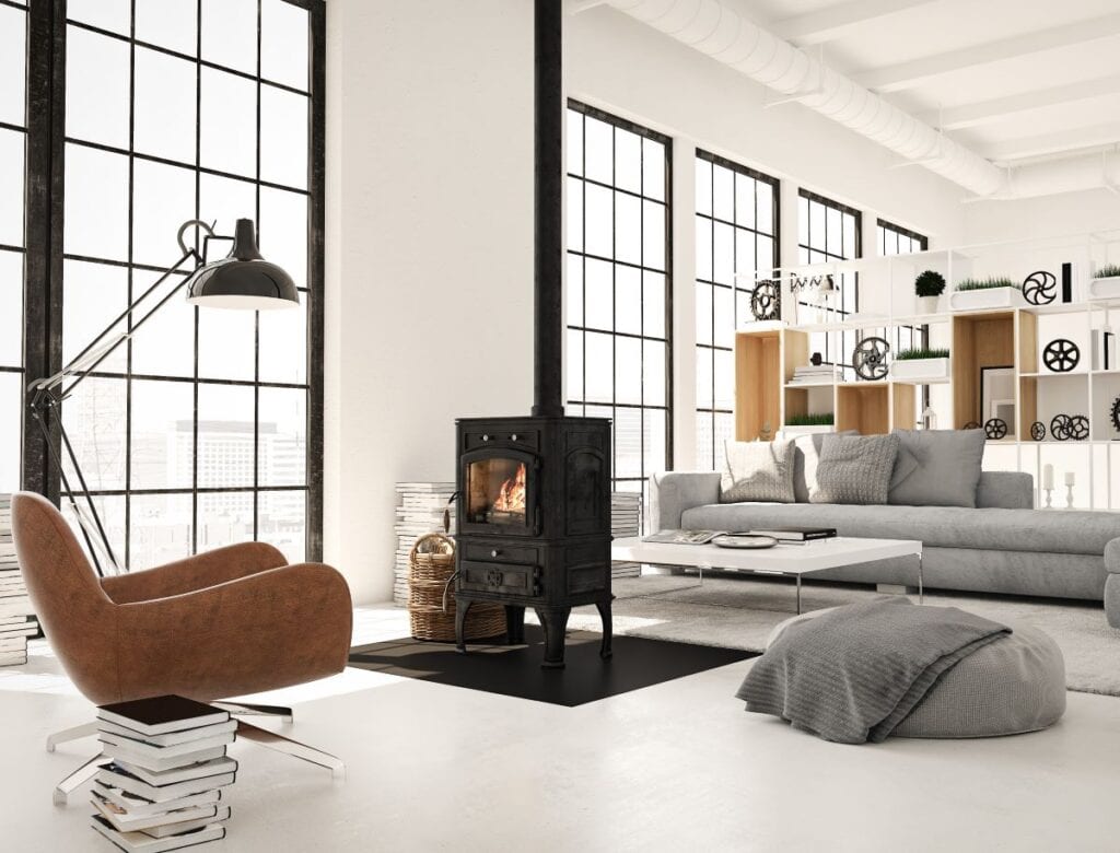 Modern living room with central metal fireplace