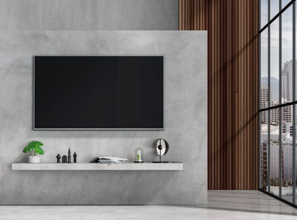Wall mounted tv in industrial-style living room