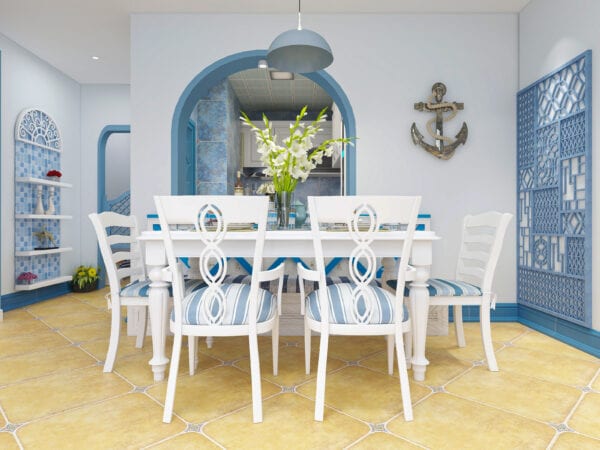 3D rendering, blue Mediterranean style dining room area design, wooden dining table with wooden dining chair and deck