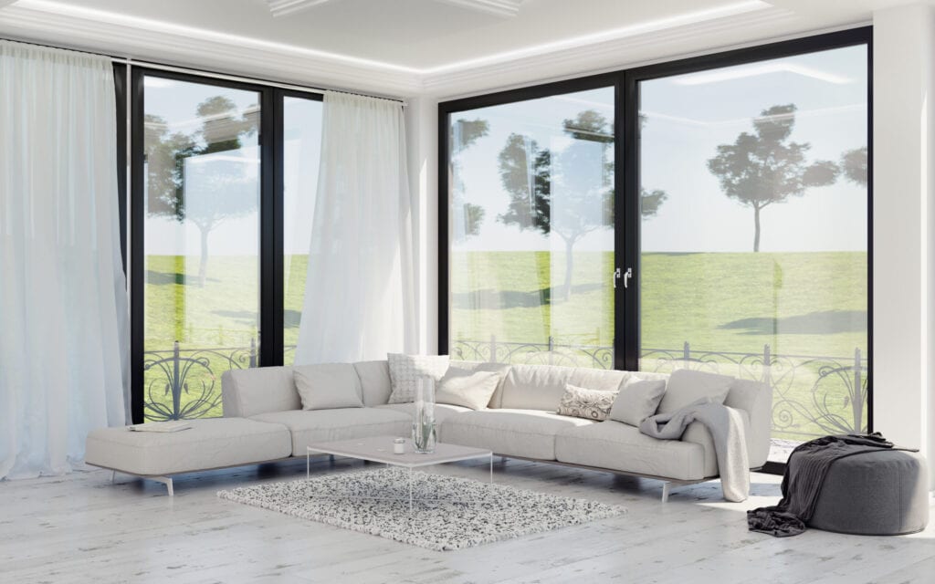 Modern interior design of living room, countryside