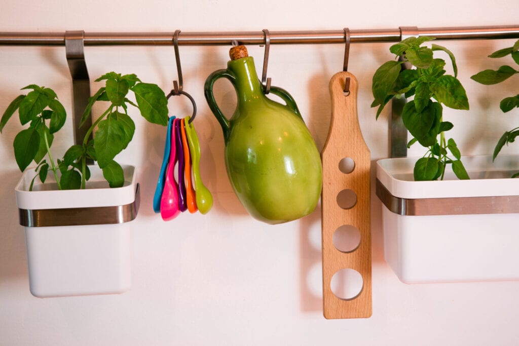 Kitchen utensils hanging on the wall