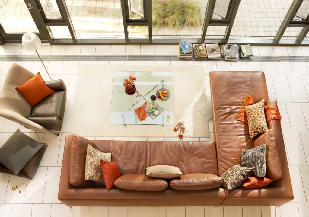 Modern Living room with Leather sofa from above