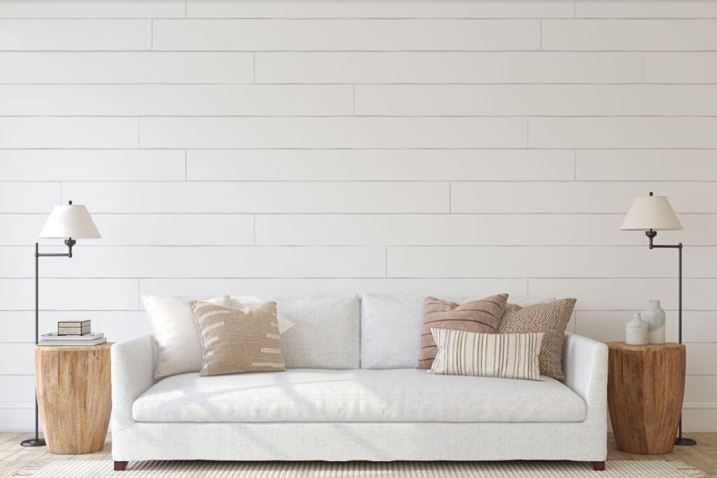 White couch in modern farmhouse living room