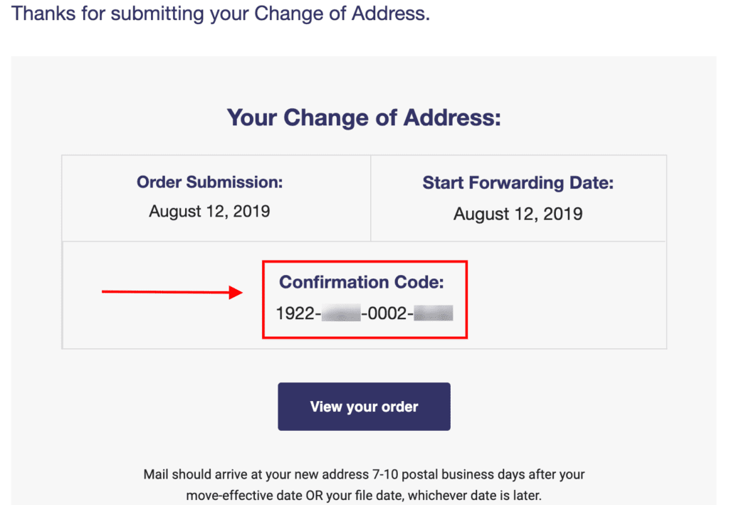 Change of address confirmation code