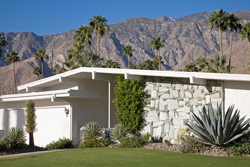 Front view of a mid-century modern style house