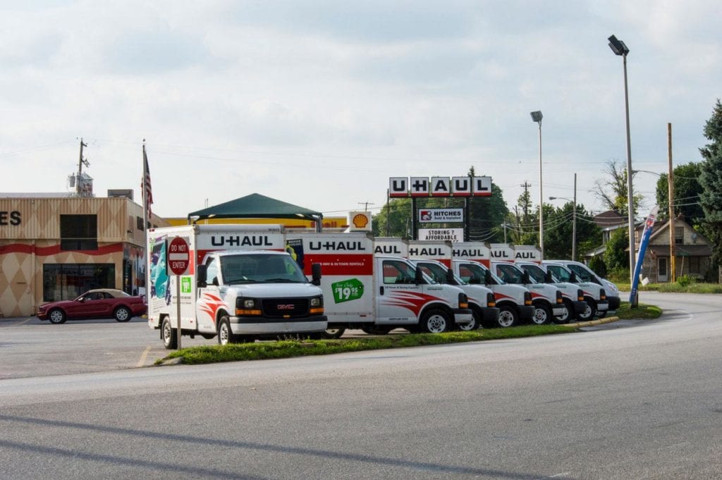 Uhaul trucks parked in a parking lot