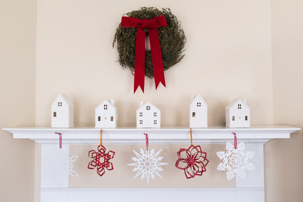 red and white mantle Christmas decor