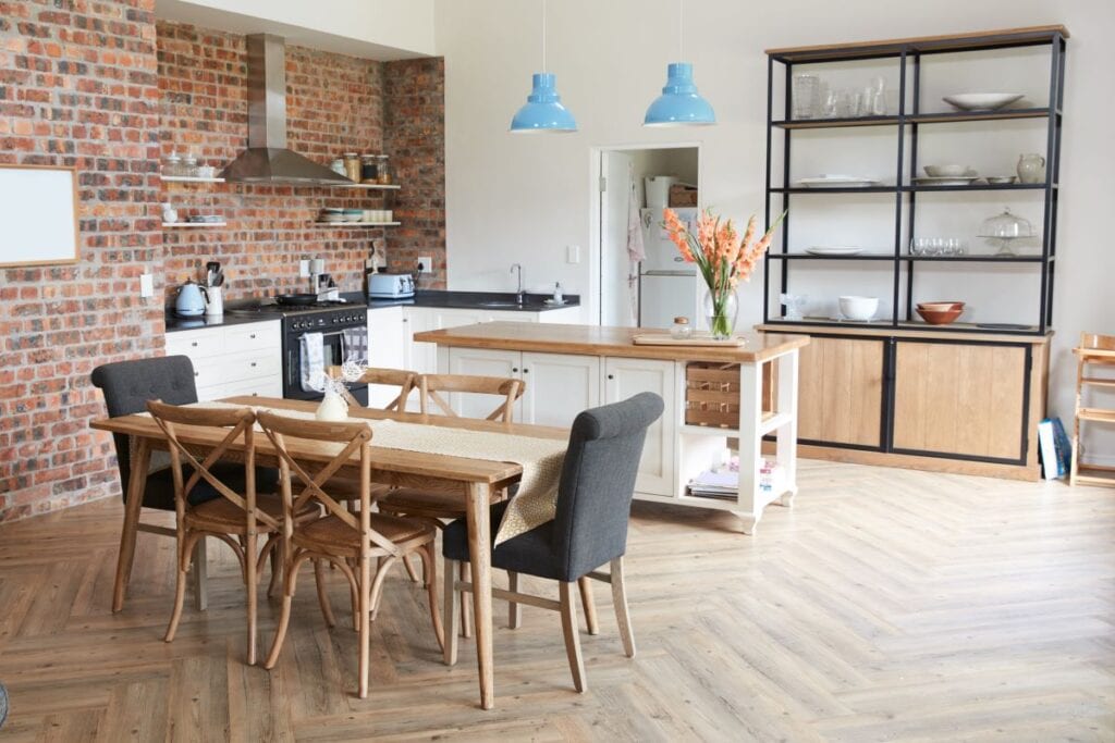 Modern industrial style kitchen with open floorplan