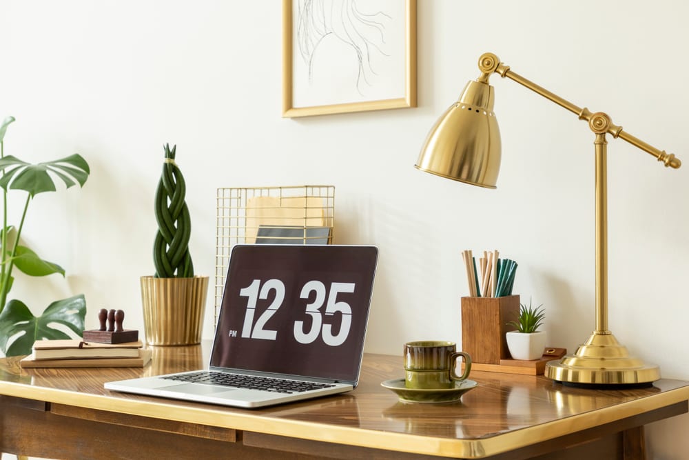 Desk with gold lamp