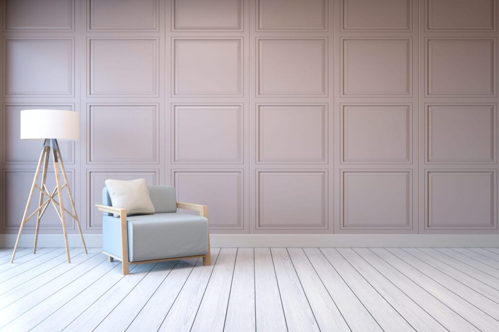 Minimalist  interior design,blue armchair with white lamp on pink frame wall and white wood flooring , 3d render