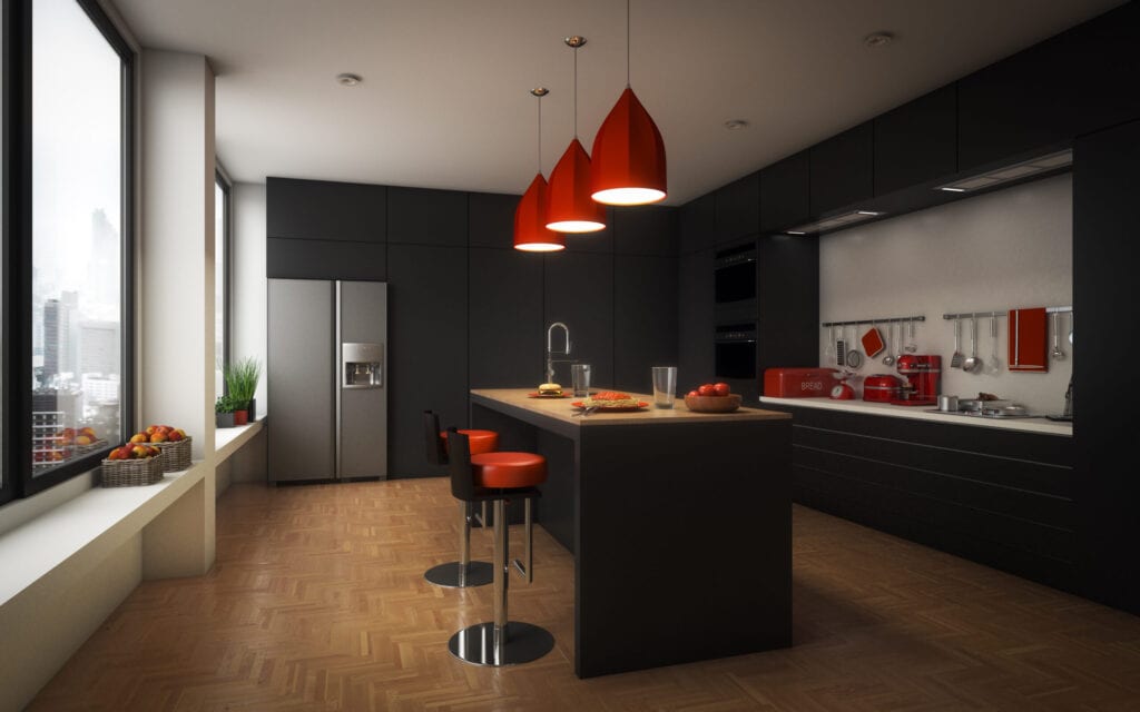 Digitally generated modern domestic kitchen and dining room with parquet floor. The scene was rendered with photorealistic shaders and lighting in Autodesk® 3ds Max 2016 with V-Ray 3.6 with some post-production added.
