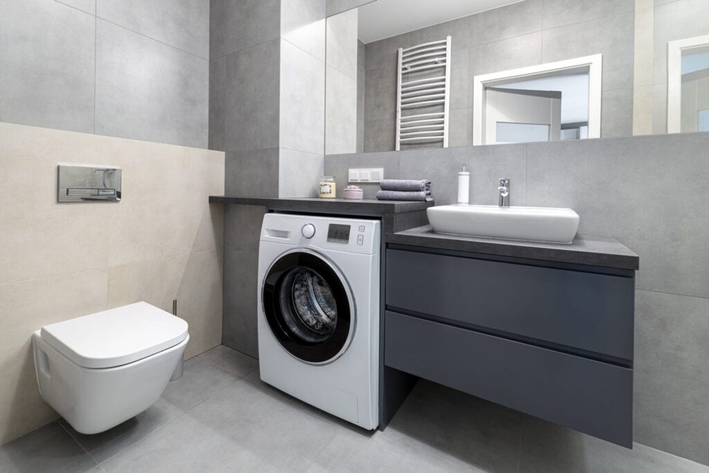 Modern bathroom interior design in gray and sand colors affordable bathroom décor