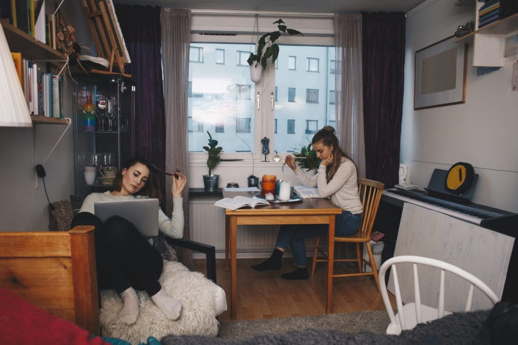 Two young female roommates studying together