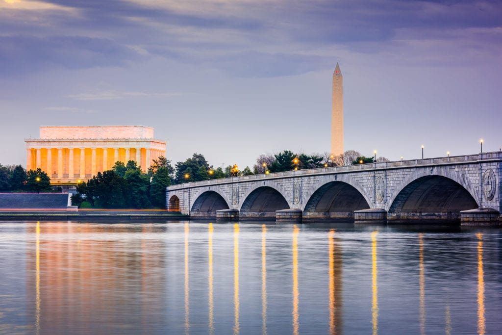 Washington, D.C. skyline on the potomac river with Lincoln Memorial and Washington Monument