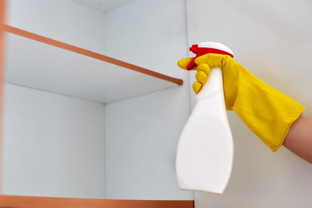 Person spraying diy pesticide in cabinet