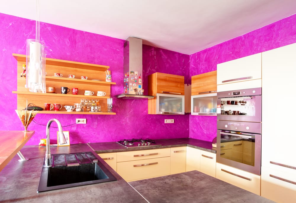 Hot pink kitchen walls in a modern kitchen