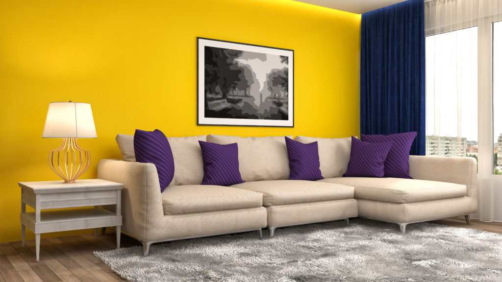 Modernt vardagsrum med en ljusgul färgfärg