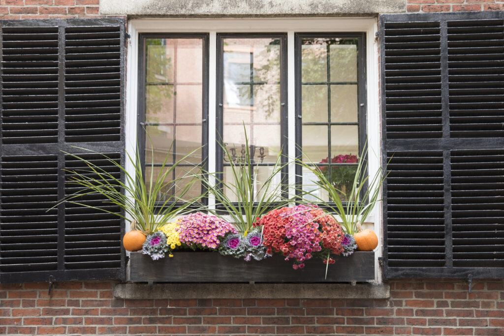 BOSTON, MASSACHUSETTS: Floral window box planter at window with shutters in the Beacon Hill historic district of Boston, Massachusetts, United States. (Photo by Tim Graham/Getty Images)