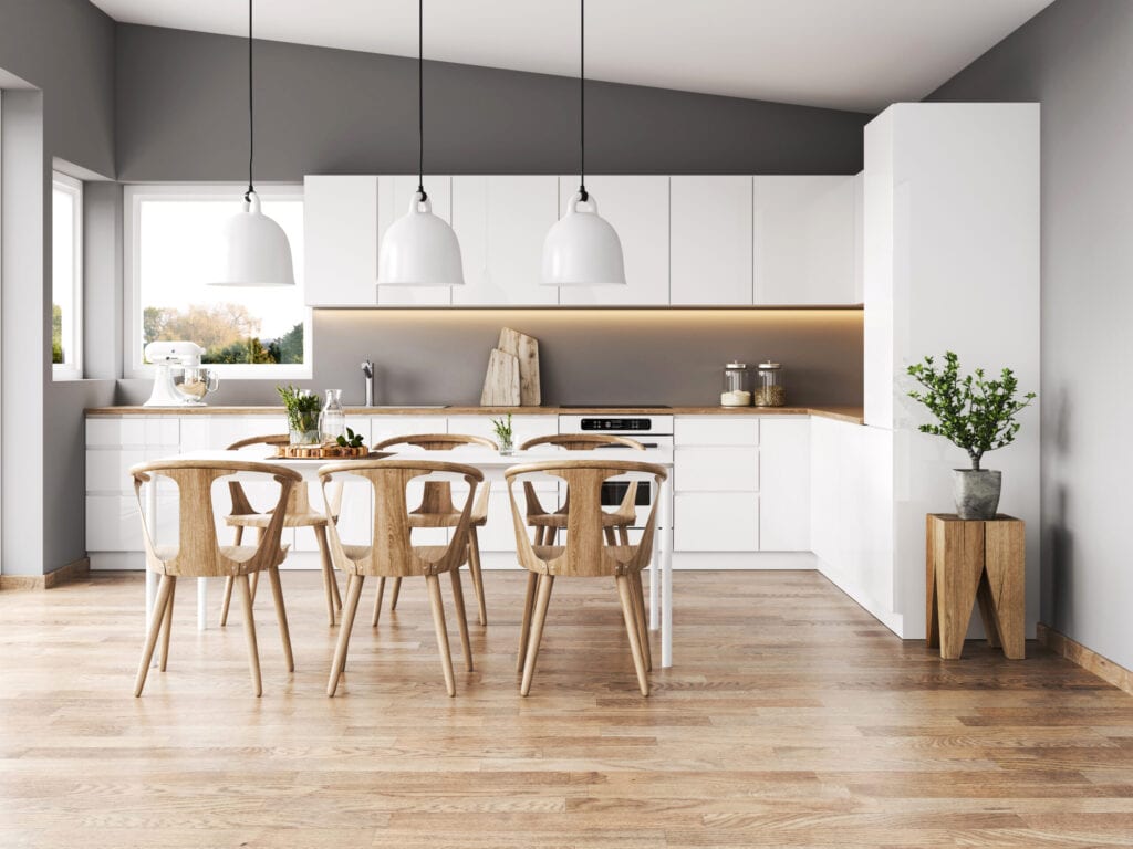 Modern interior with kitchen and dining room. Render image.