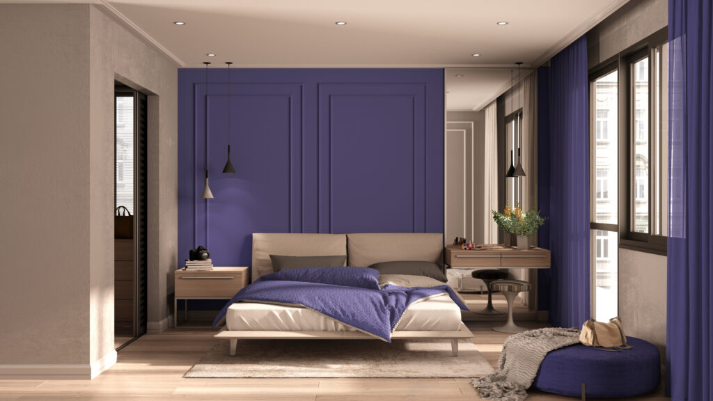 Taupe and Purple colored bedroom