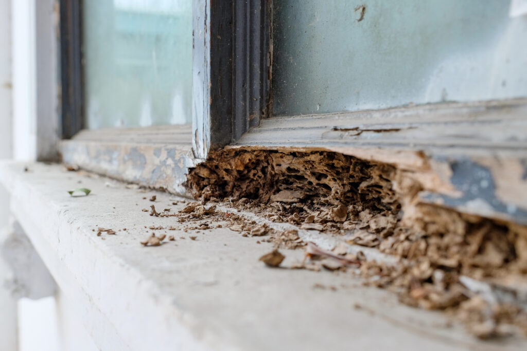 Close up of window frame that has been damaged by termites