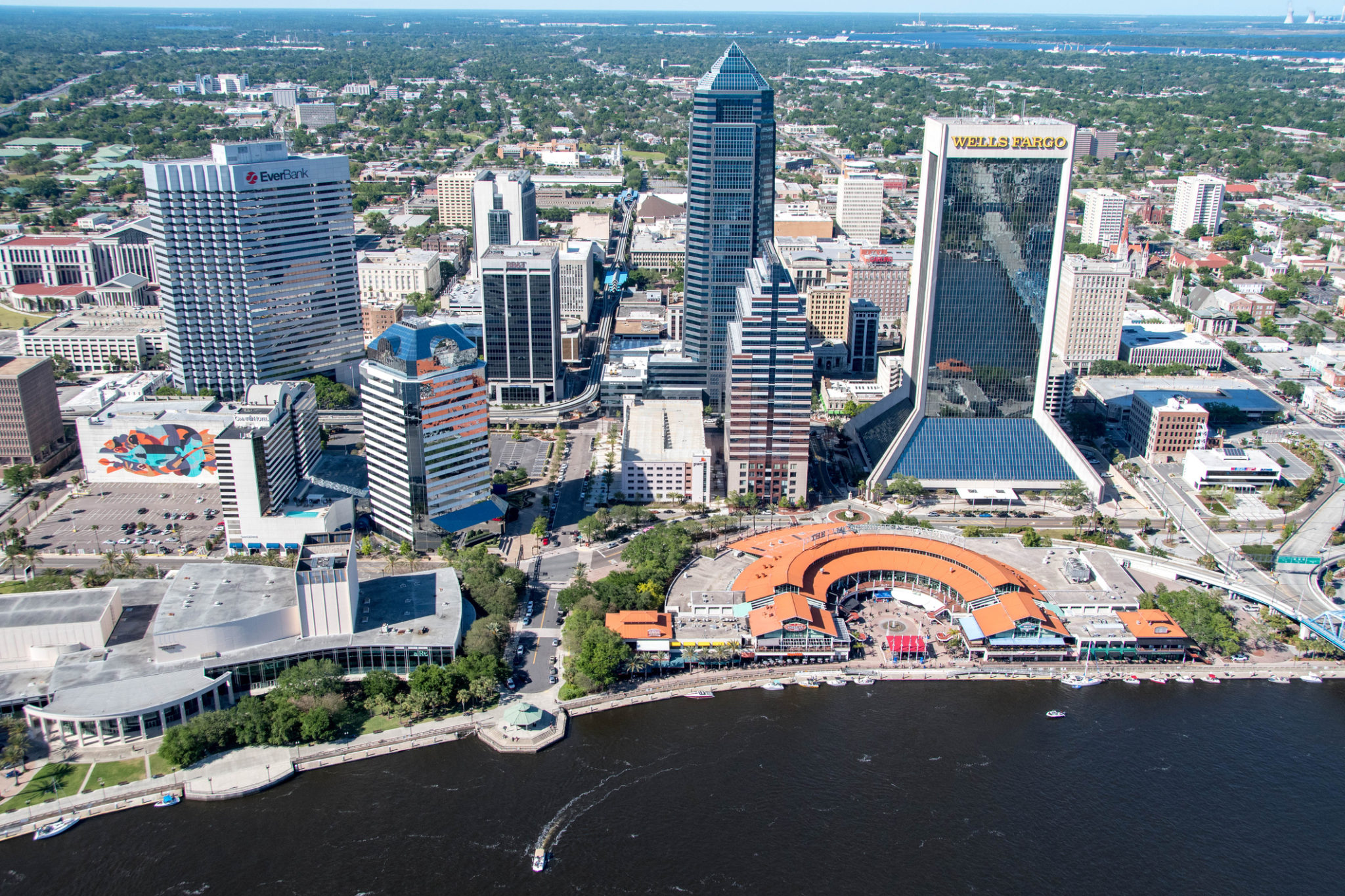 Aerial of downtown Jacksonville, a coastal city in Florida.