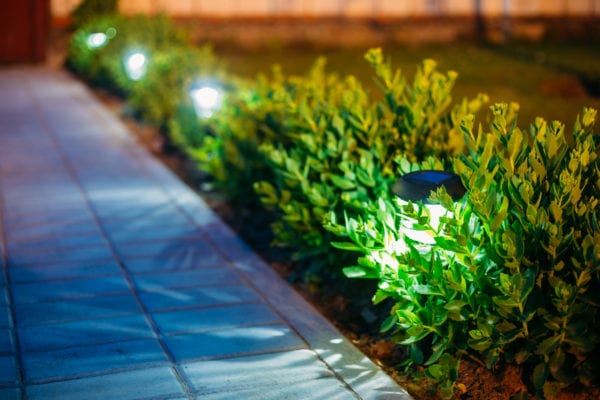 Small garden lanterns along walkway