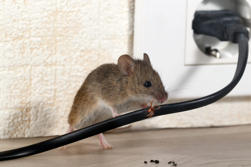 Closeup mouse gnaws wire plugged into wall outlet