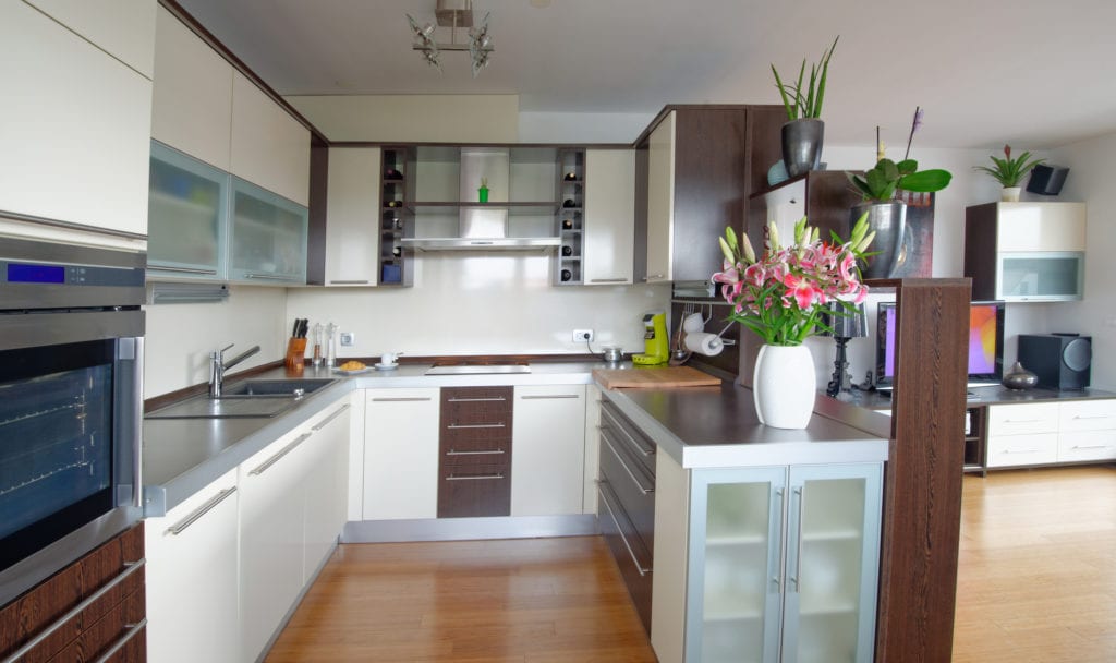 Modern living room interior with kitchen