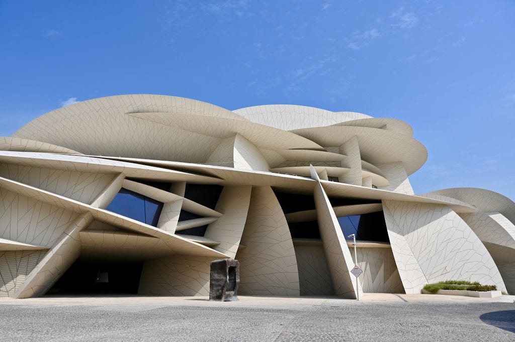 DOHA, QATAR - NOVEMBER 16: The National Museum of Qatar, designed by Jean Nouvel to look like the natural Desert Rose crystal that's found in Qatar, with inward-curving disks, intersections and cantilevered elements, opened on March 28th, 2019, with 1.5 kilometers of gallery space, giving voice to the unique story of Qatar and its people in an immersive and experiential manner in three chapters  Beginnings, Life in Qatar and The Modern History of Qatar on November 16, 2019 in Doha, Qatar. (Photo by Rubina A. Khan/Getty Images)