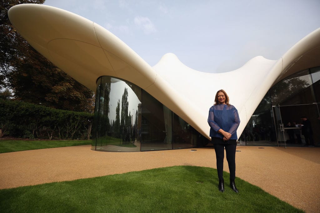 LONDON, ENGLAND - SEPTEMBER 25: Architect Zaha Hadid poses for a photograph in front of the redeveloped Serpentine Sackler Gallery in Hyde Park on September 25 2013 in London, England. The renovation of the 1805 gunpowder store, located on the north side of the Serpentine Bridge, was designed by Zaha Hadid Architects. The new gallery, restaurant and social space will officially open to the public on September 28, 2013. (Photo by Oli Scarff/Getty Images)