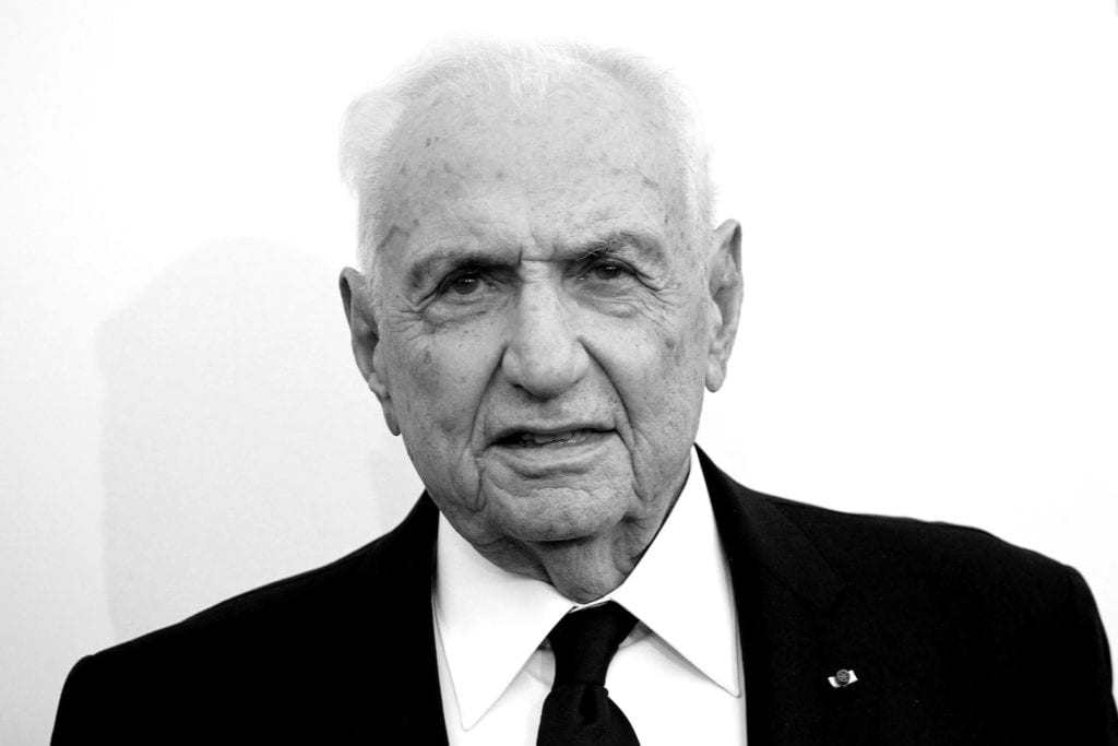 LOS ANGELES, CA - SEPTEMBER 17: (EDITORS NOTE: Image has been converted to black and white.) Architect Frank Gehry attends the Broad Museumblack tie inaugural dinner held at The Broad on September 17, 2015 in Los Angeles, California. (Photo by Tommaso Boddi/WireImage)