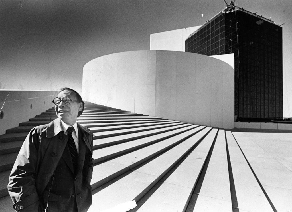 BOSTON, MA - OCTOBER 16: Architect I.M. Pei stands outside the John F. Kennedy Presidential Library and Museum in Boston, which he designed, on Oct. 16, 1979. It was the first time he had seen the building in person since designing it. (Photo by Ted Dully/The Boston Globe via Getty Images)