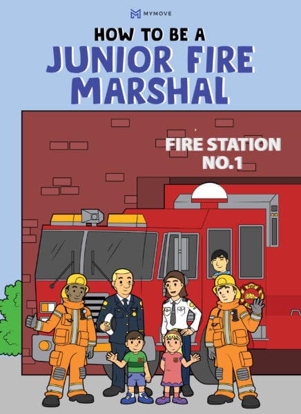 Illustration of children and firefighters in front of a fire station